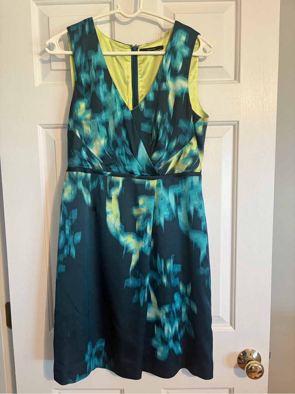 Tahari Teal and Lime Floral V-Neck Dress
